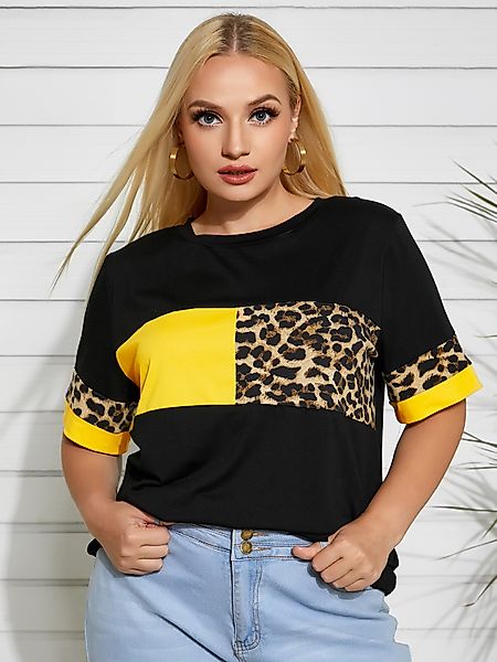 YOINS Plus Größe Leopard Color Block Kurzarm T-Shirt günstig online kaufen