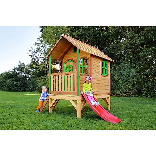 Axi Tom Spielhaus Braun - Grün mit Roter Rutsche 191 x 287 x 231 cm günstig online kaufen