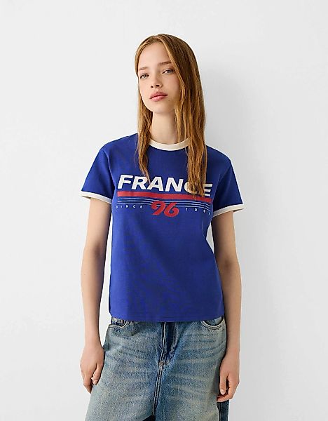 Bershka Sportliches Kurzarm-T-Shirt Mit Kontrasten Damen L Dunkelblau günstig online kaufen