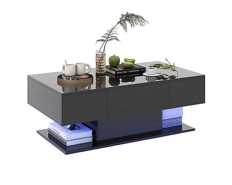 COSTWAY Couchtisch, LED, Hochglanz, 20 Farbeneinstellbar mit Stauraum schwa günstig online kaufen