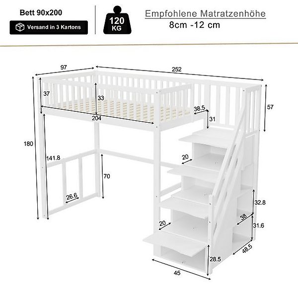 Flieks Hochbett Massivholz Kinderbett Einzelbett 90x200cm mit Stauraumtrepp günstig online kaufen