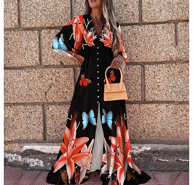 RUZU UG Midikleid Dirndl Lässiges,Bedrucktes Kleid im Resort-Stil V-Ausschn günstig online kaufen