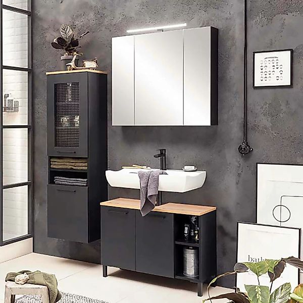 Badezimmer Set 3-teilig mit Waschbeckenunterschrank schwarz matt mit Eiche günstig online kaufen