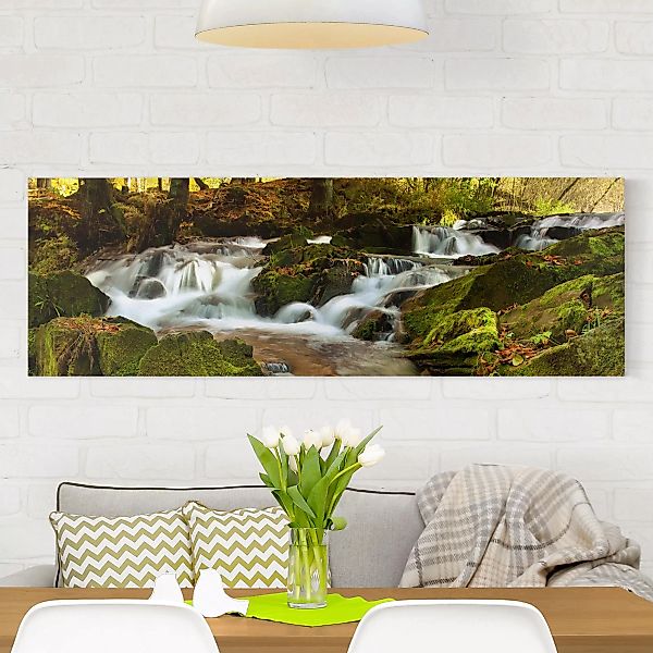 Leinwandbild Wasserfall - Panorama Wasserfall herbstlicher Wald günstig online kaufen