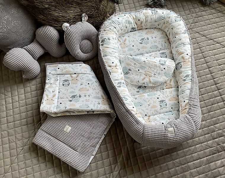Loolay Bettnestchen GRAU Waffelpique/ HASE Beige Weiß BABYNEST Babyausstatt günstig online kaufen