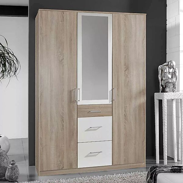 Schlafzimmerkleiderschrank mit Spiegel in Eiche Sägerau Weiß günstig online kaufen