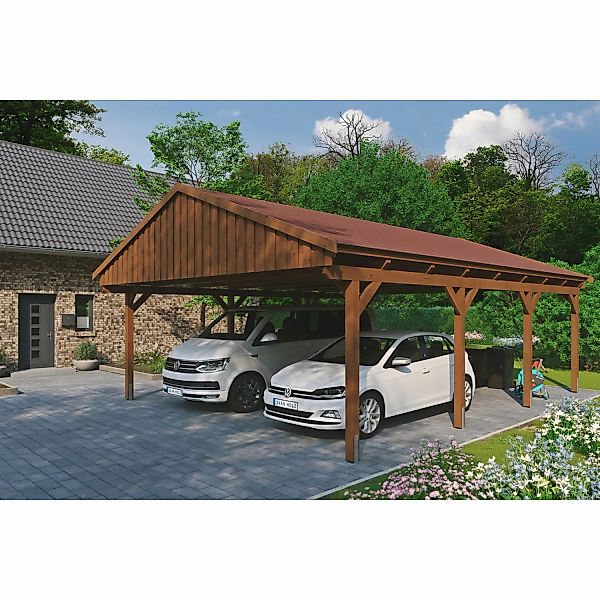 Skan Holz Carport Fichtelberg 618 cm x 808 cm Rote Schindeln Nussbaum günstig online kaufen