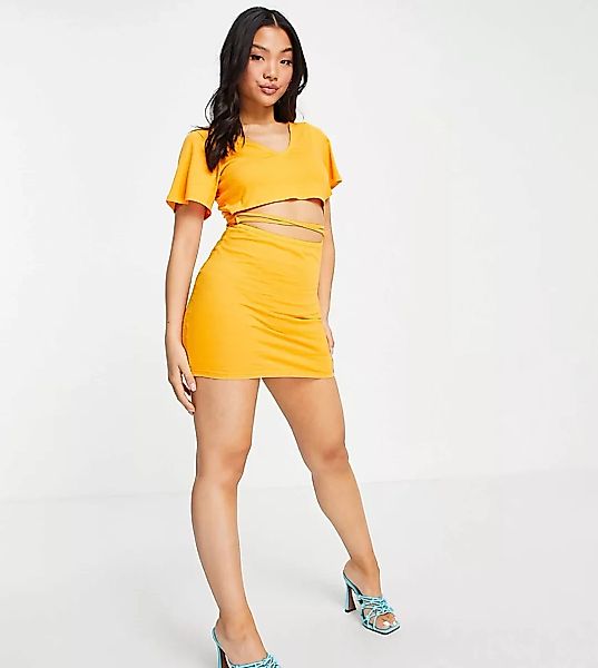 ASOS DESIGN Petite – T-Shirt-Kleid in Orange mit V-Ausschnitt und Schnürung günstig online kaufen