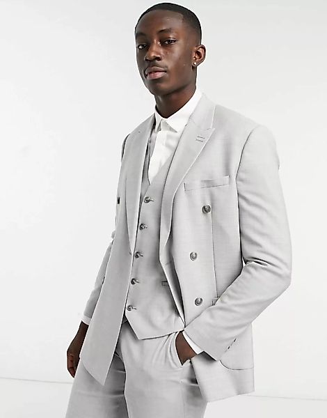 Topman – Zweireihige Anzugjacke in Grau mit schmalem Schnitt günstig online kaufen