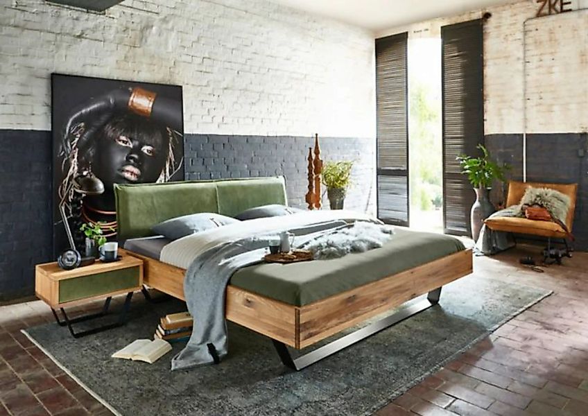 Natur24 Einzelbett Bett Samso 160x200cm Wildeiche Lederkopfteil Olivgrün Me günstig online kaufen