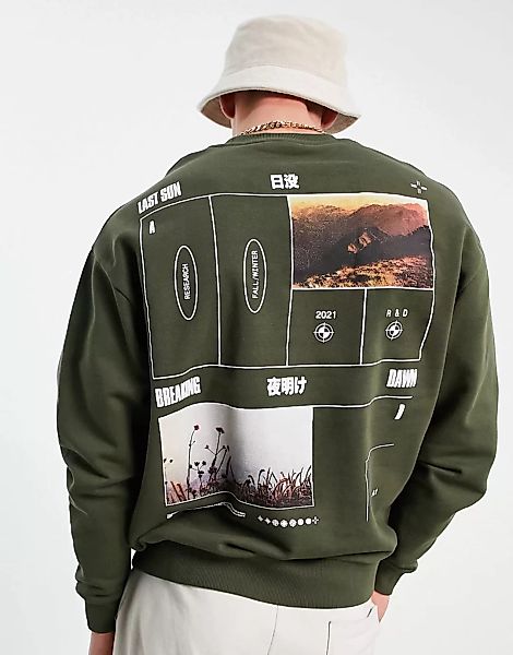 ASOS DESIGN – Übergroßes Sweatshirt in Grün mit Fotoprint hinten günstig online kaufen