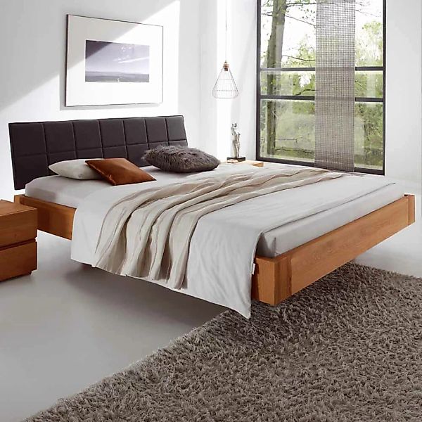 Schlafzimmer Bett aus Eiche Massivholz Polsterkopfteil in Grau Stoff günstig online kaufen