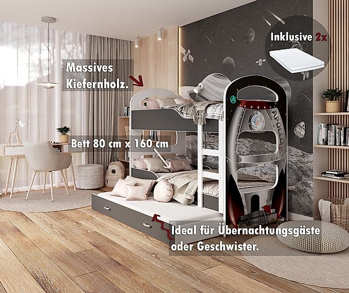 AJKmeble Hochbett 80x160cm und 80x190cm in 4 Farben Bus Prinzessin Rakete P günstig online kaufen