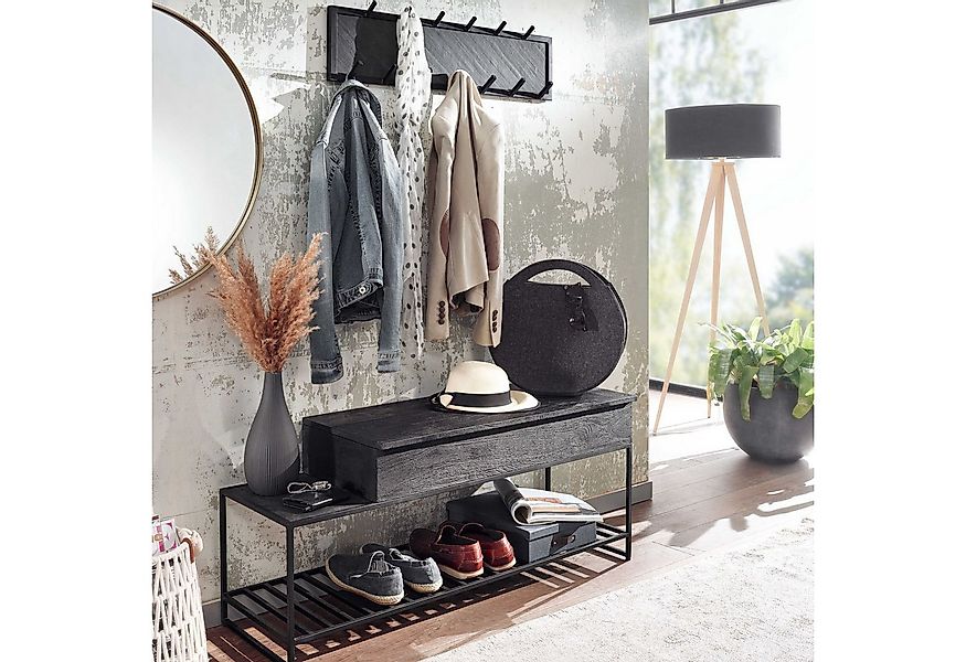 FINEBUY Garderobe n Set Flur Schwarz Holz Massiv Wand (Sitzbank & Wandgarde günstig online kaufen