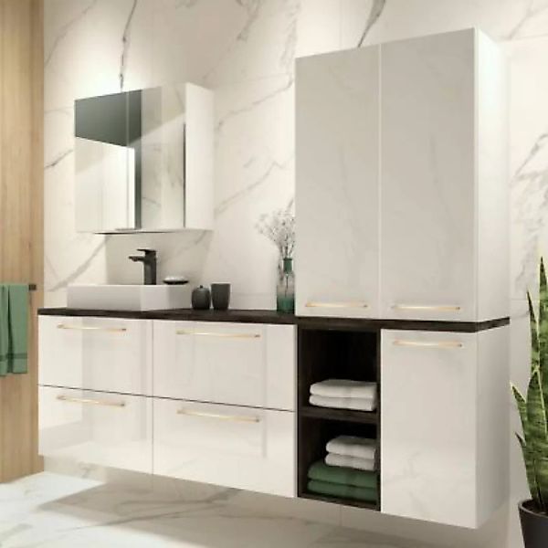 Lomadox Badezimmer Set in weiß Hochglanz lackiert mit Beton Dunkel und Meta günstig online kaufen
