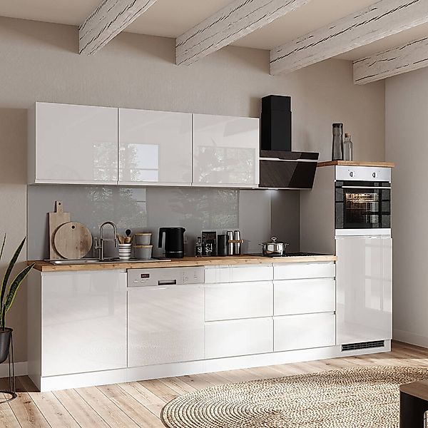 Küchenzeile 300 cm, inkl. E-Geräte, in Hochglanz weiß, Arbeitsplatte Eiche günstig online kaufen