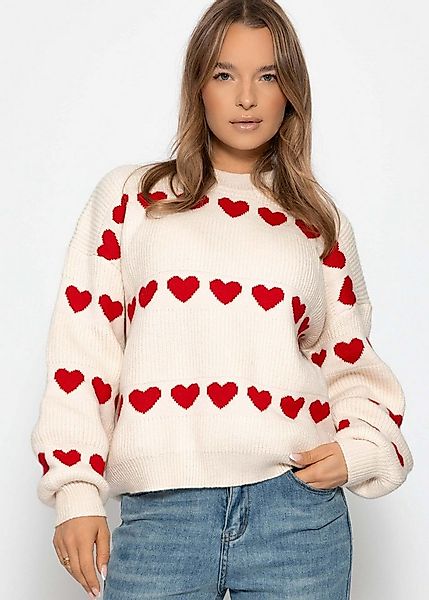 SASSYCLASSY Strickpullover Oversize Pullover mit roten Herzen für Damen Wei günstig online kaufen