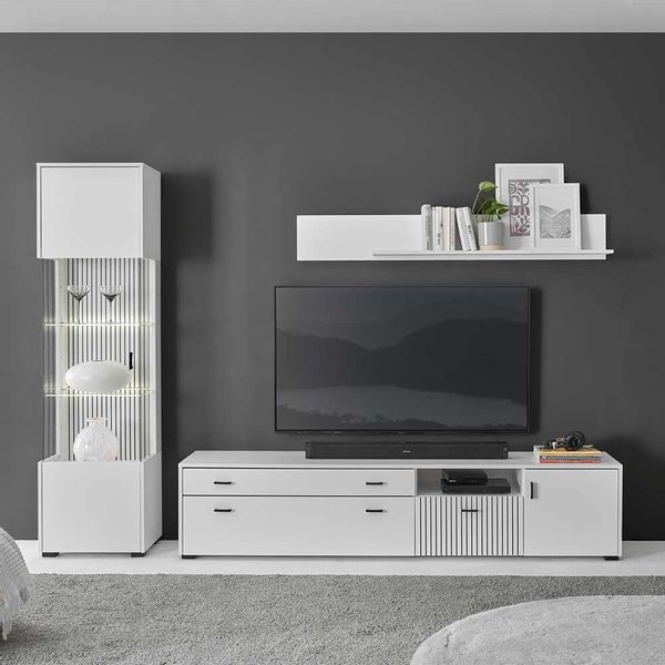 Wohnwand in Weiß Metallgriffen (dreiteilig) günstig online kaufen