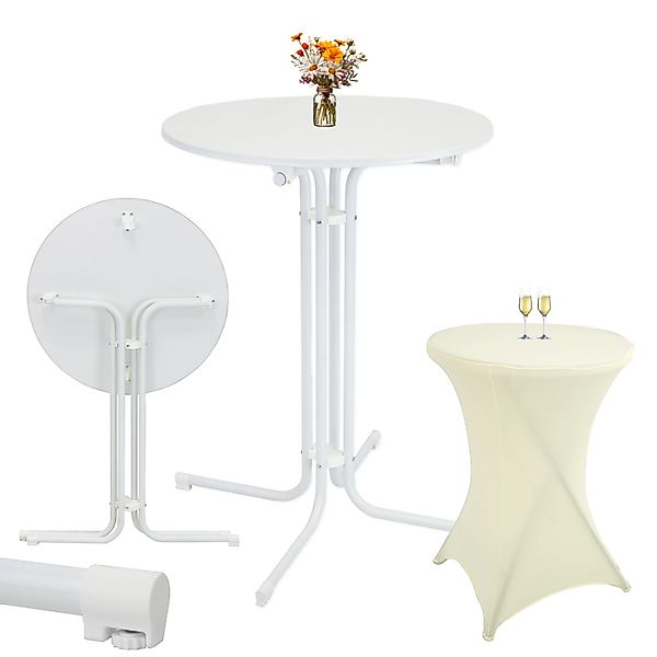 TRUTZHOLM Set Stehtisch Klappbar Durchmesser 80 cm in Weiß & Husse Beige Bü günstig online kaufen
