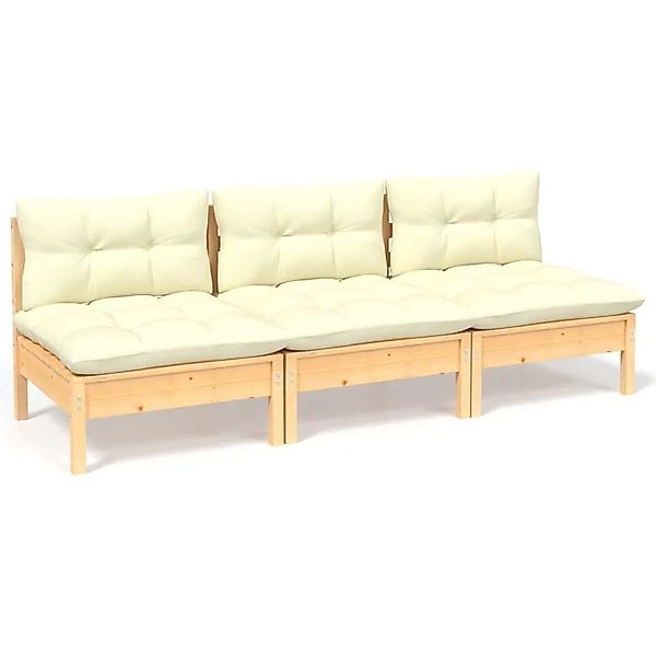 vidaXL 3-Sitzer-Gartensofa mit Creme Kissen Massivholz Kiefer 3096076 günstig online kaufen