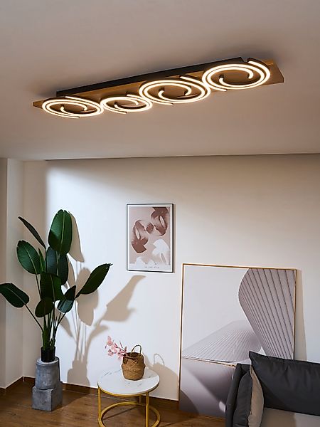 LED-Deckenleuchte Rifia, braun, Länge 115 cm, 4-flg., Holz günstig online kaufen