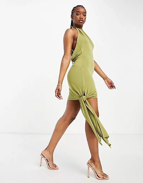 ASOS DESIGN – Neckholder-Minikleid in Olivgrün aus Flammengarn günstig online kaufen