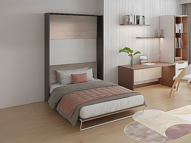 Schrankbett + Matratze - 140 x 200 cm - Manuelle vertikale Öffnung - Holzfa günstig online kaufen