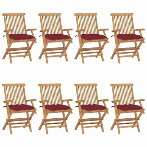 vidaXL Gartenstühle mit Weinroten Kissen 8 Stk. Massivholz Teak Gartenstuhl günstig online kaufen