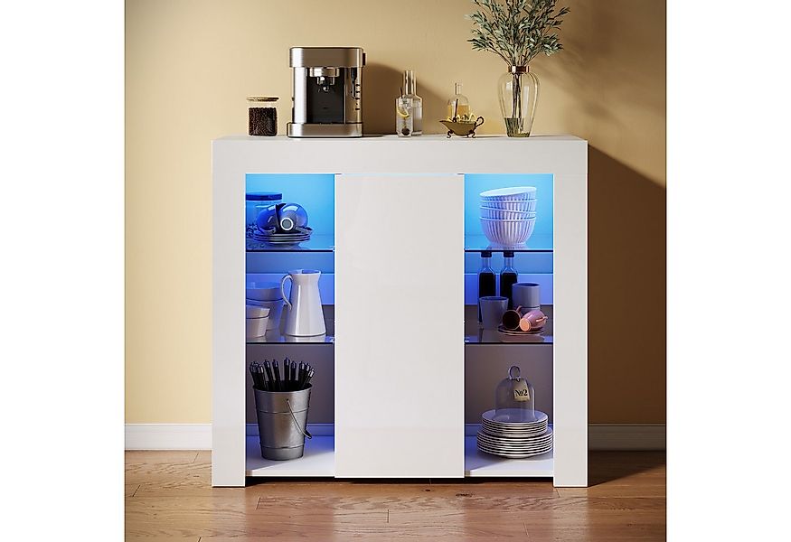SONNI Sideboard mit LED Beleuchtung 90x35x83cm Weiß/Schwarz Hochglanz, mit günstig online kaufen