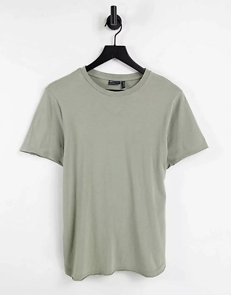 ASOS DESIGN – T-Shirt in verwaschenem Khaki mit abgerundetem Saum und Seite günstig online kaufen