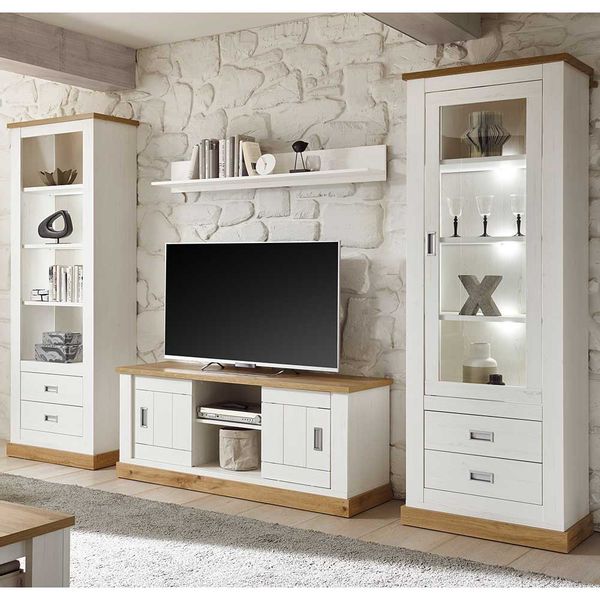 Landhaus Wohnwand in Weiß und Wildeiche Optik (vierteilig) günstig online kaufen