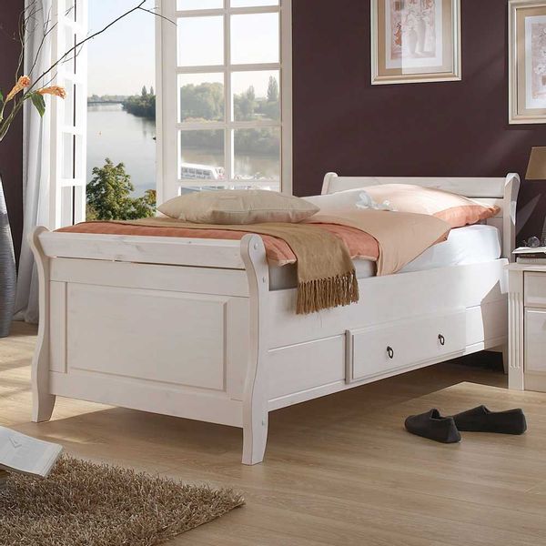 Landhaus Bett in Weiß Kiefer teilmassiv günstig online kaufen