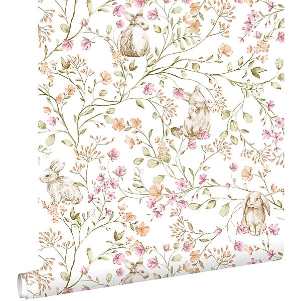 ESTAhome Tapete Kaninchen Grün Rosa und Orange 50 x 900 cm günstig online kaufen