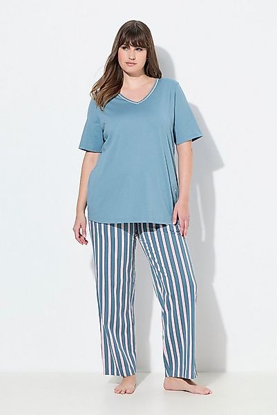 Ulla Popken Pyjama Pyjama Piping V-Ausschnitt Halbarm Stickerei günstig online kaufen
