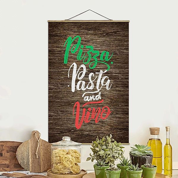 Stoffbild mit Posterleisten Pizza Pasta and Vino auf Planke günstig online kaufen