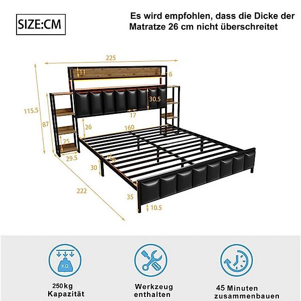 Flieks Metallbett, LED Kunstleder-Polsterbett Doppelbett 160x200cm mit Stau günstig online kaufen