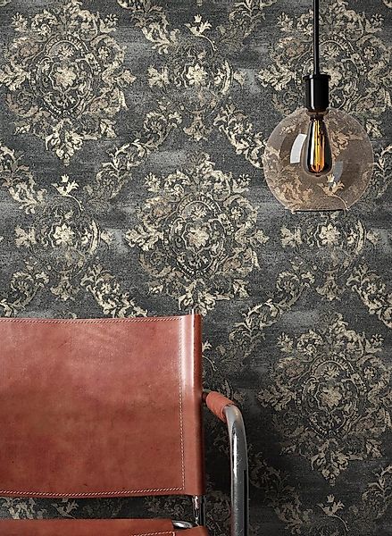 Newroom Vliestapete, Schwarz Tapete Barock Ornament - Barocktapete Gold Gla günstig online kaufen