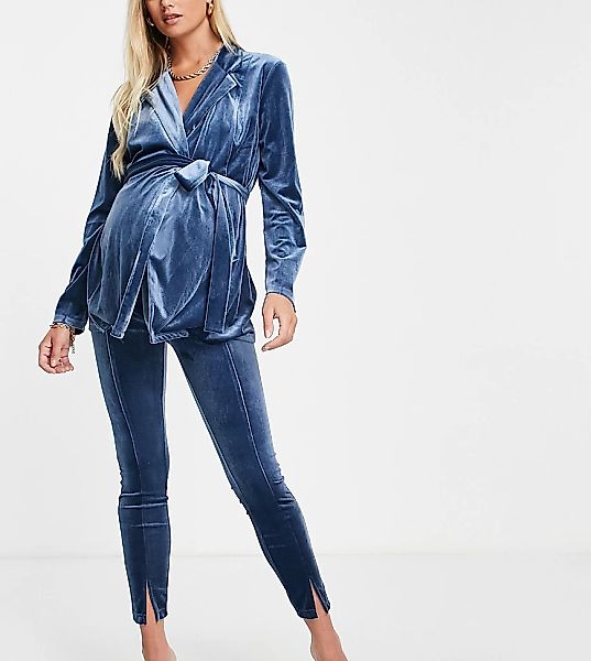 ASOS DESIGN – Umstandsmode – Schmal geschnittene Anzughose aus Samt in Blau günstig online kaufen