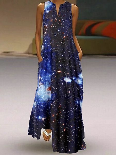 Starry Sky Bedruckter ärmelloser Maxi mit V-Ausschnitt Kleid Mit Tasche günstig online kaufen