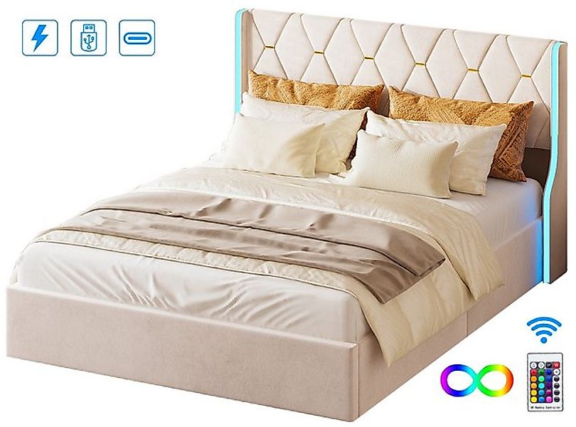 FUROKOY Polsterbett Stauraumbett Doppelbett Hydraulisch anhebbarer mit LED- günstig online kaufen