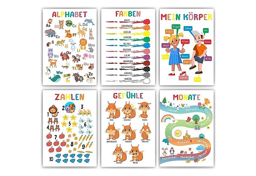 Tigerlino Poster 6er Set Alphabet, Farben, Körper, Zahlen, Gefühle, Monate günstig online kaufen