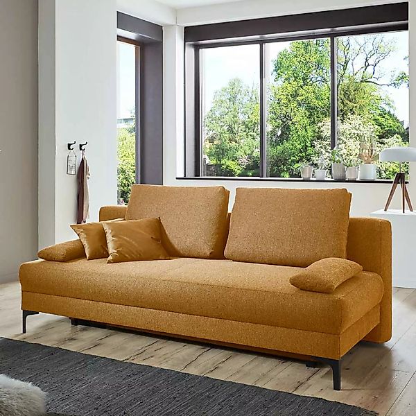 Wohnzimmer Couch mit Faltmechanik Flachgewebe in Braun günstig online kaufen