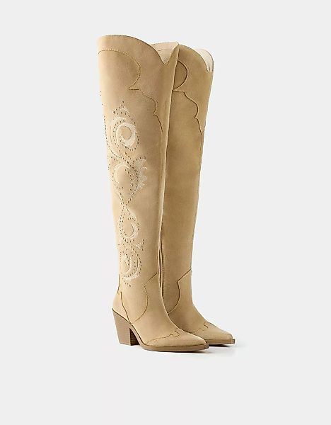 Bershka Langschaftstiefel Im Cowboylook Mit Absatz Damen 41 Beige günstig online kaufen