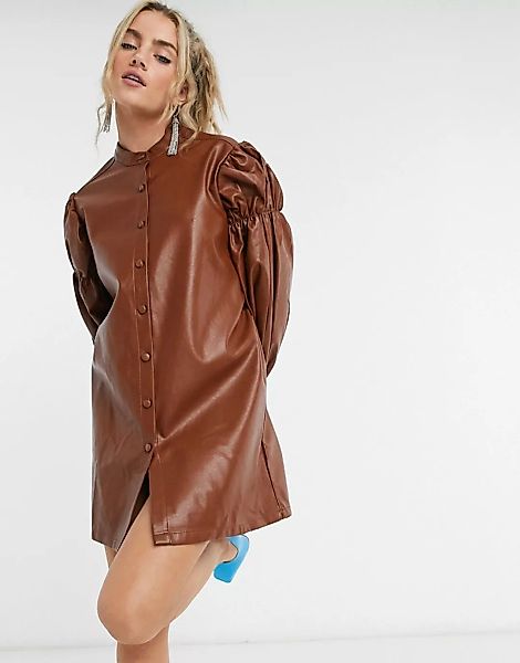Ghospell – Oversize-Minihemdkleid aus Kunstleder mit weiten Ärmeln-Braun günstig online kaufen
