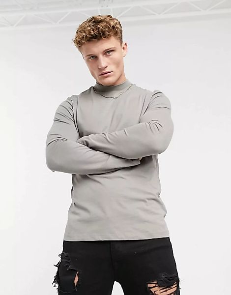 New Look – Langärmliges Rollkragen-Sweatshirt aus Bio-Baumwolle in Grau günstig online kaufen