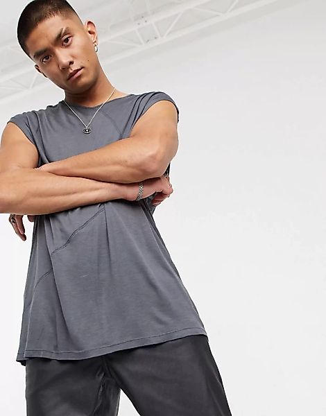ASOS DESIGN – Oversize-Trägershirt aus Viskose mit Ziernähten in Dunkelgrau günstig online kaufen