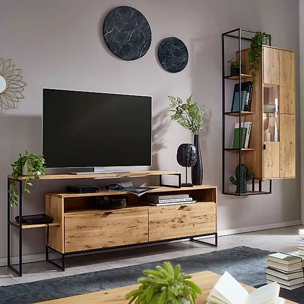 TV Wohnwand aus Wildeiche Massivholz & Metall modernem Design (zweiteilig) günstig online kaufen