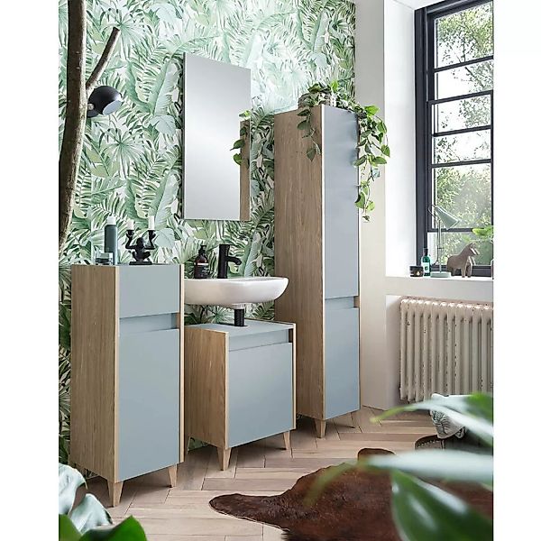 Badezimmer Set mit Spiegel, 4-teilig, taubenblau mit Eiche hell ESPOO-80 günstig online kaufen
