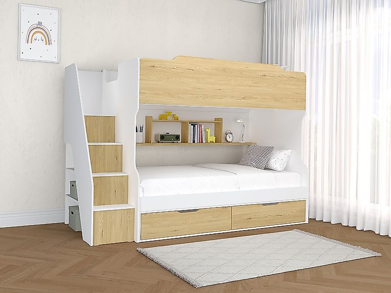 Etagenbett mit Stauraum - 90 x 190 cm - Weiß & Holzfarben - YALOVA günstig online kaufen