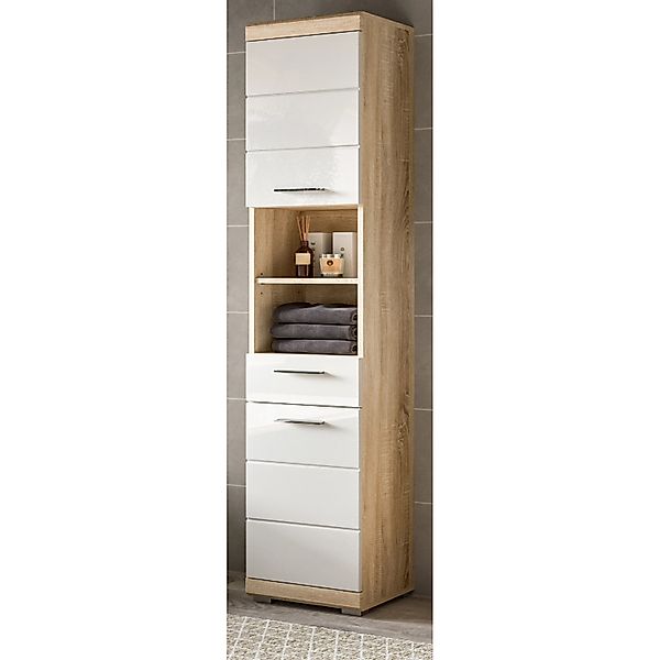 Inn.Furn Hochschrank Weiß Hochglanz Eiche 37 cm Badschrank Mambo günstig online kaufen